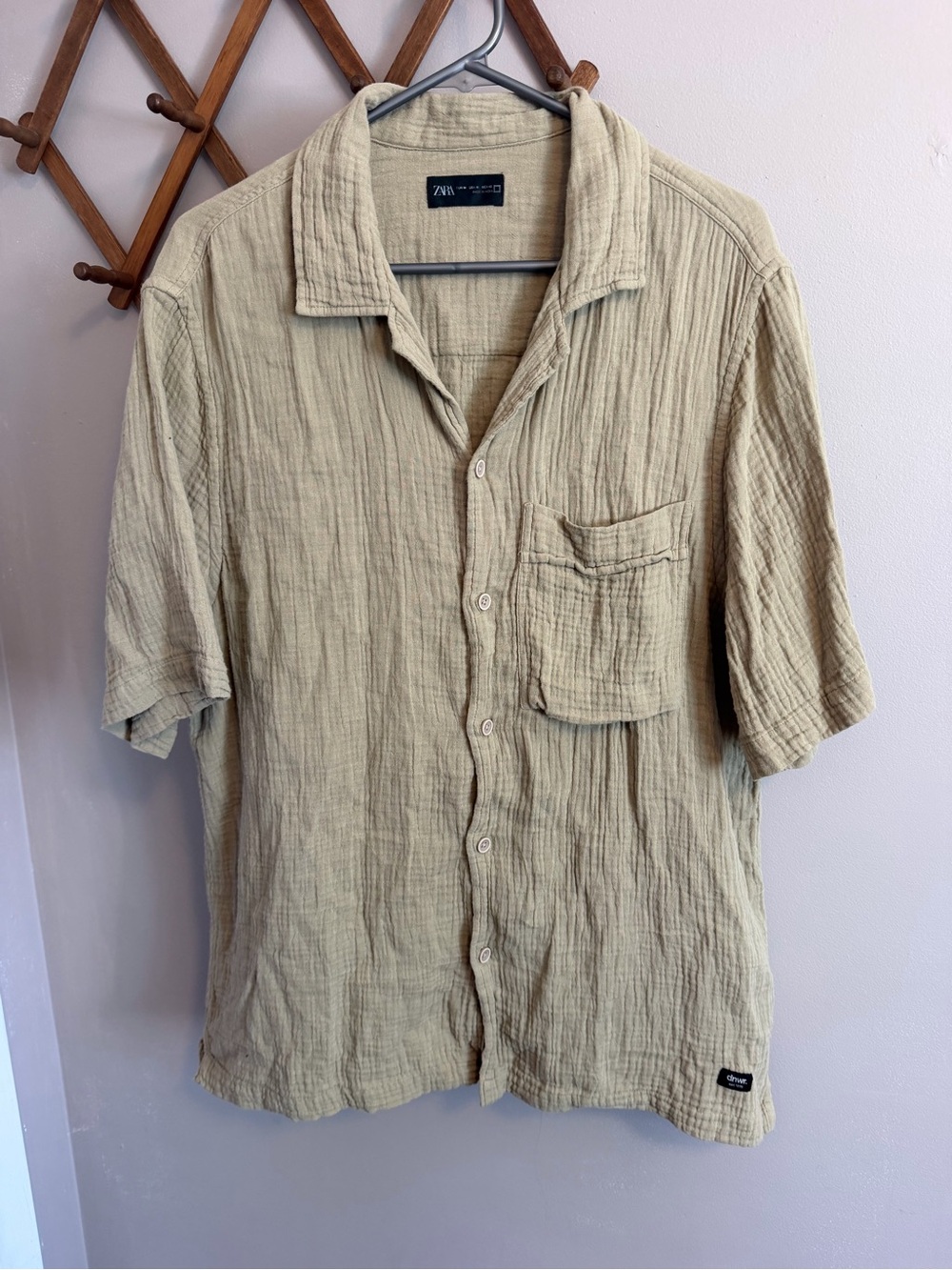 ZARA Man Tan Beige Double Gauze Cotton Short Sleeve oversized camp Shirt M